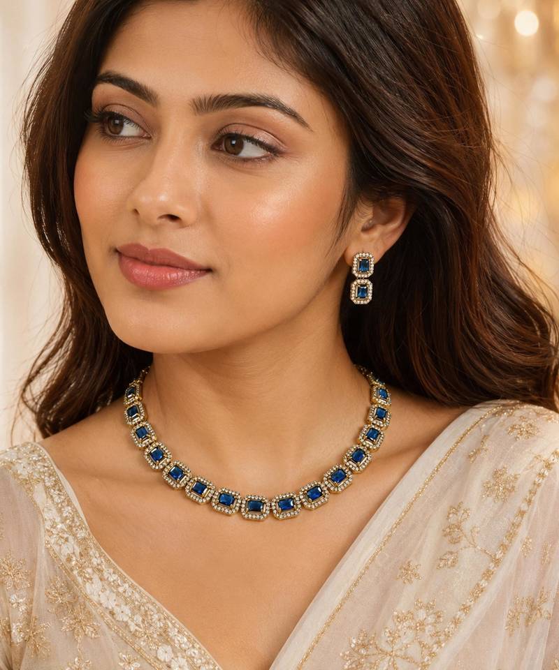 Blue ad stone & agate stone necklace set with earrings, antique gold plated