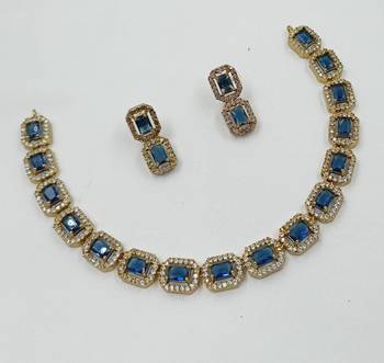 Blue ad stone & agate stone necklace set with earrings, antique gold plated 2