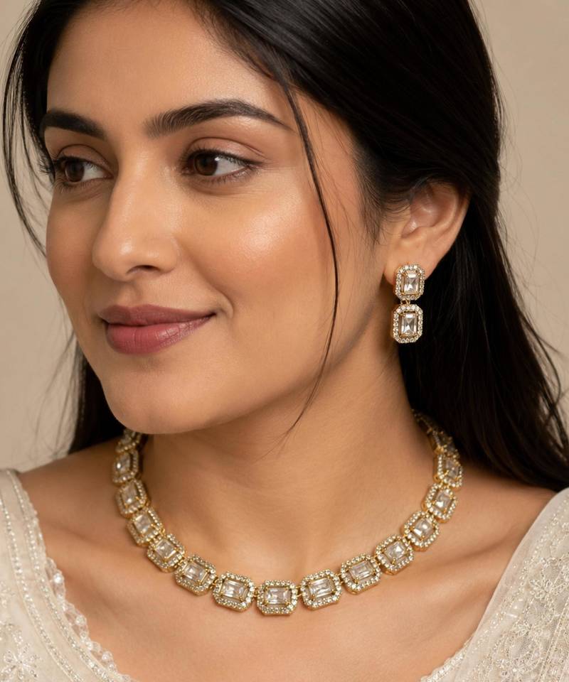 White ad stone & agate stone necklace set with earrings, antique gold plated