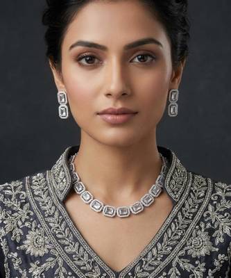 White ad & agate stone designer necklace set with earrings     rhodium plated 1