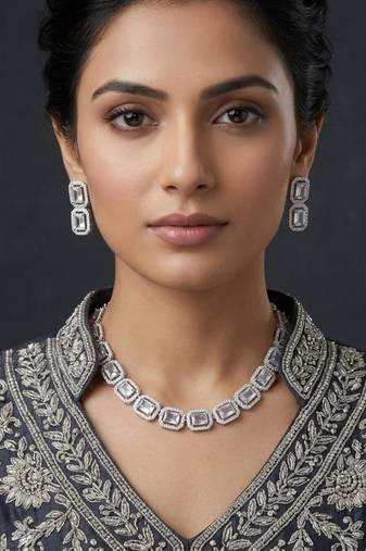 White ad & agate stone designer necklace set with earrings – rhodium plated