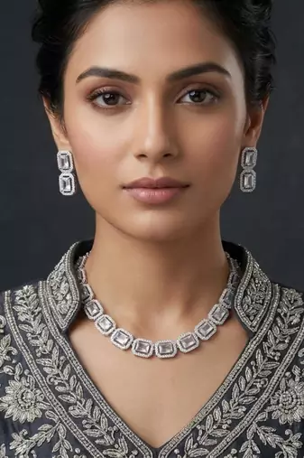 White ad & agate stone designer necklace set with earrings – rhodium plated