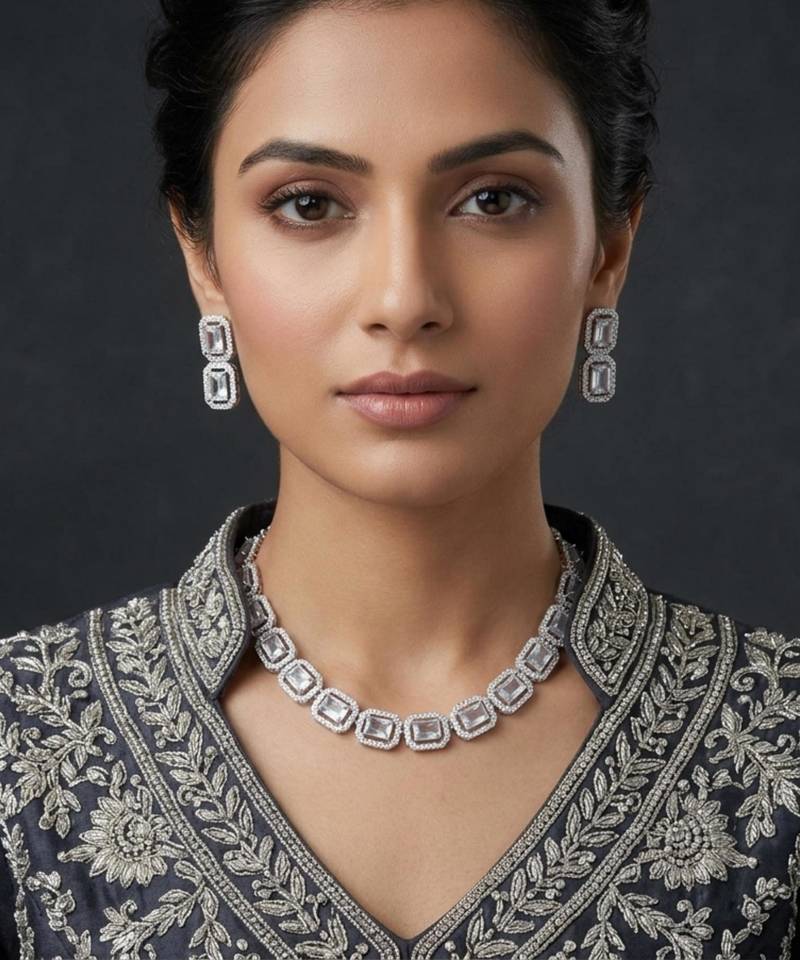 White ad & agate stone designer necklace set with earrings – rhodium plated