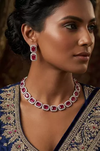 Ruby ad & agate stone designer necklace set with earrings – rhodium plated