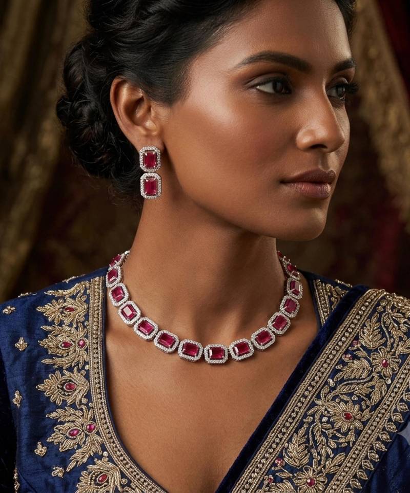 Ruby ad & agate stone designer necklace set with earrings – rhodium plated