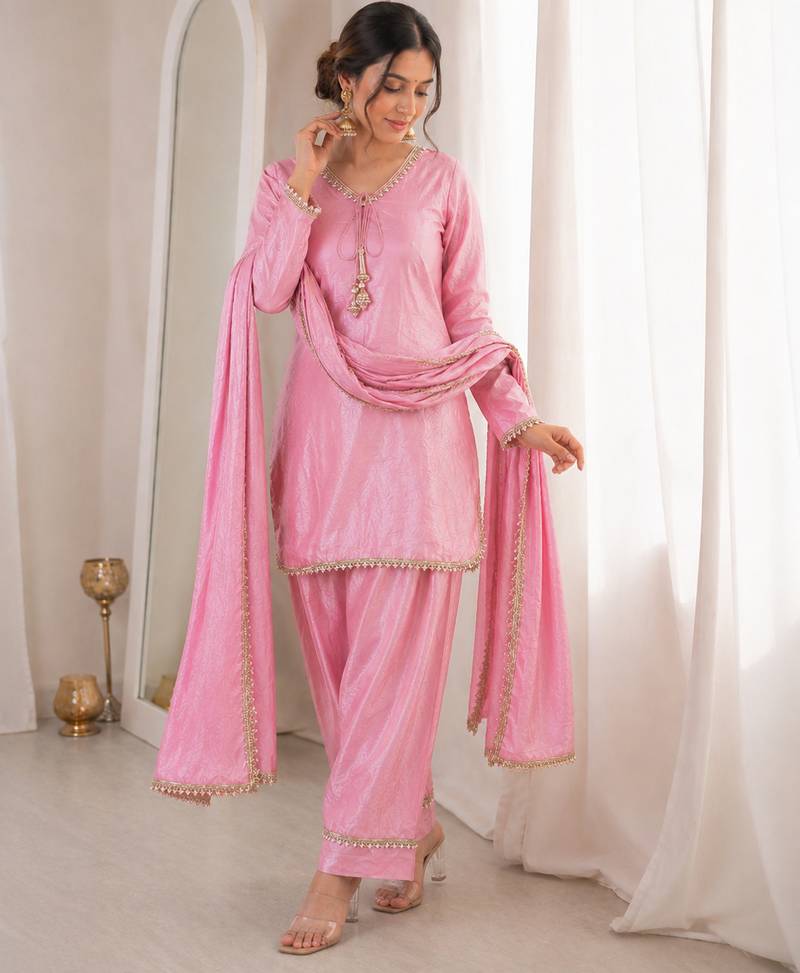Women pink silk sequin emroidery work kurta set