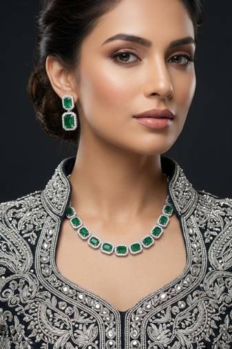 Green ad & agate stone designer necklace set with earrings – rhodium plated
