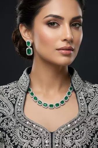 Green ad & agate stone designer necklace set with earrings – rhodium plated