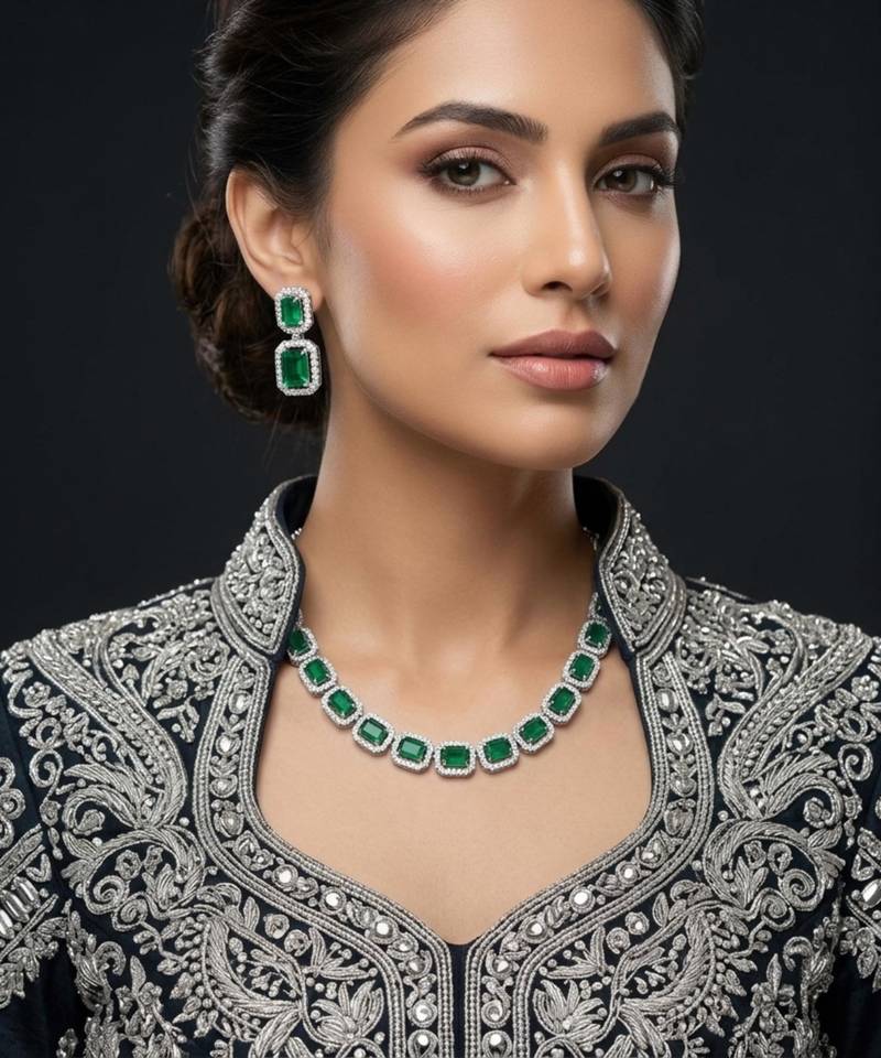 Green ad & agate stone designer necklace set with earrings – rhodium plated