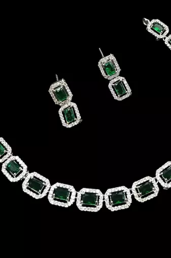 Green ad & agate stone designer necklace set with earrings – rhodium plated