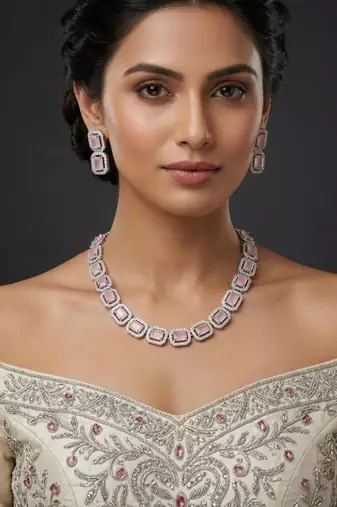 Baby pink ad & agate stone designer necklace set with earrings – rhodium plated