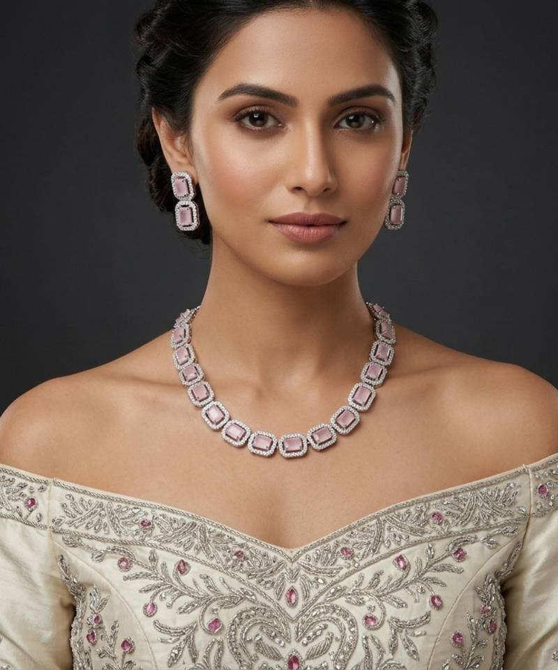 Baby pink ad & agate stone designer necklace set with earrings – rhodium plated