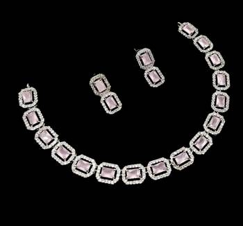 Baby pink ad & agate stone designer necklace set with earrings     rhodium plated 2