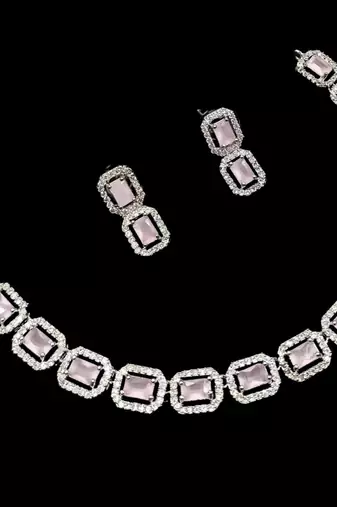 Baby pink ad & agate stone designer necklace set with earrings – rhodium plated