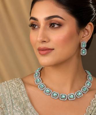 Pista green ad & agate stone designer necklace set with earrings     rhodium plated 1