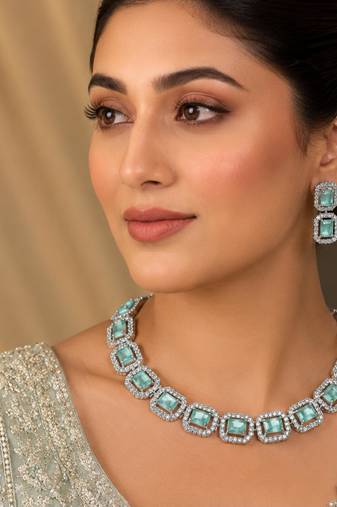 Pista green ad & agate stone designer necklace set with earrings – rhodium plated
