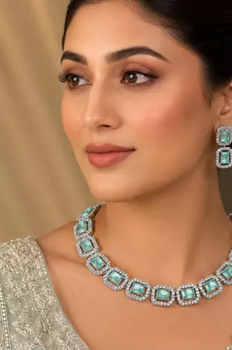 Pista green ad & agate stone designer necklace set with earrings – rhodium plated