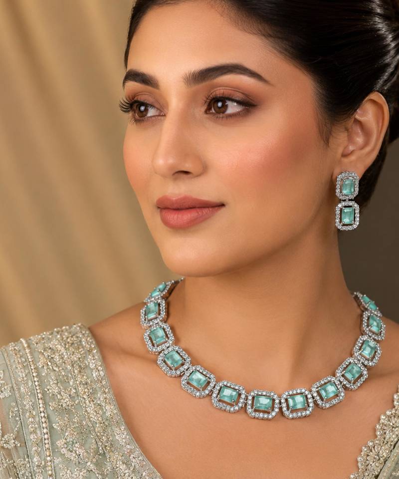 Pista green ad & agate stone designer necklace set with earrings – rhodium plated