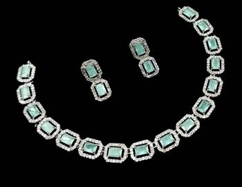 Pista green ad & agate stone designer necklace set with earrings     rhodium plated 2