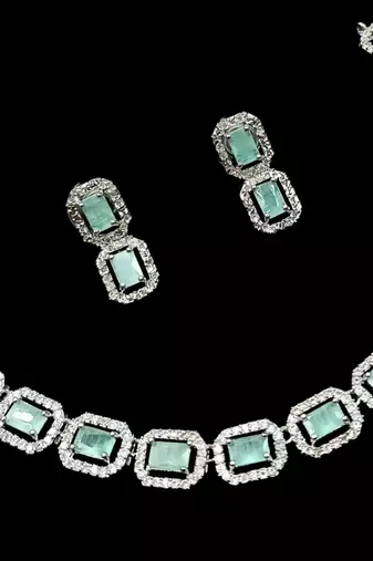 Pista green ad & agate stone designer necklace set with earrings – rhodium plated