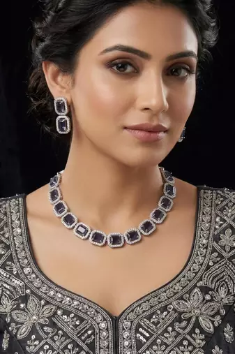 Purple & green ad & agate stone designer necklace set with earrings – rhodium plated