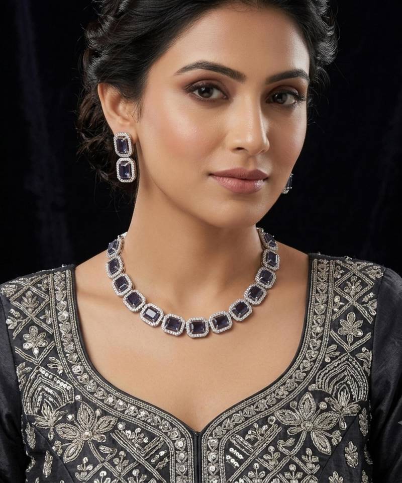 Purple & green ad & agate stone designer necklace set with earrings – rhodium plated