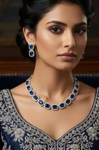 Blue & green ad & agate stone designer necklace set with earrings – rhodium plated