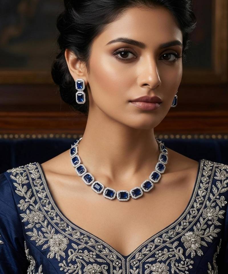 Blue & green ad & agate stone designer necklace set with earrings – rhodium plated