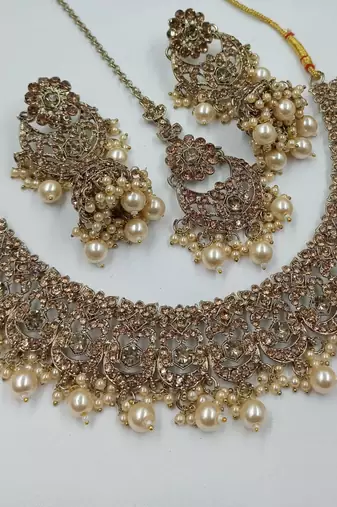Full l c t agsta stone & agate stone necklace set with earrings, antique gold plated