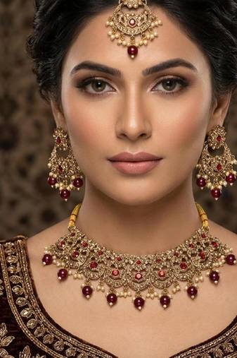 Maroon agsta stone & agate stone necklace set with earrings, antique gold plated