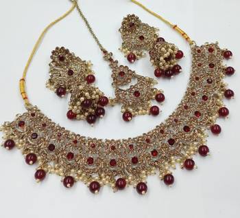 Maroon agsta stone & agate stone necklace set with earrings, antique gold plated 2