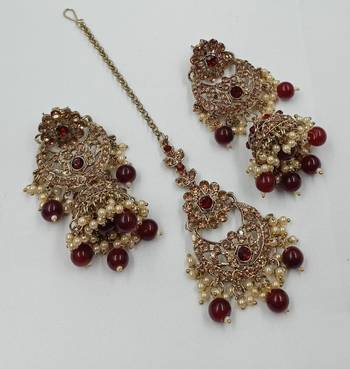 Maroon agsta stone & agate stone necklace set with earrings, antique gold plated 3