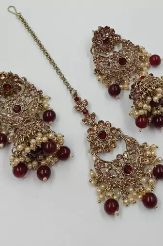 Maroon agsta stone & agate stone necklace set with earrings, antique gold plated