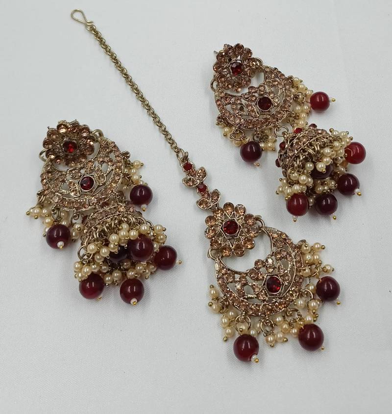 Maroon agsta stone & agate stone necklace set with earrings, antique gold plated