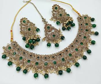 Green ad stone & agate stone necklace set with earrings, antique gold plated 2
