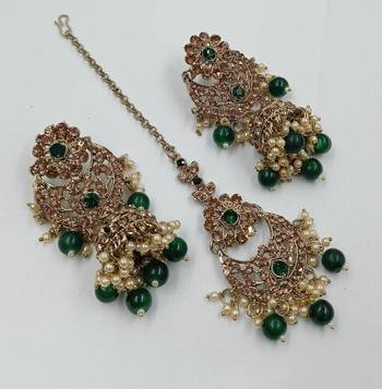 Green ad stone & agate stone necklace set with earrings, antique gold plated 4