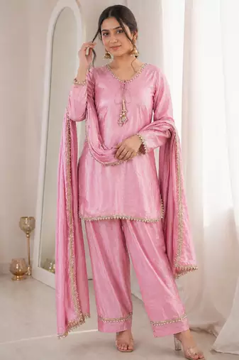 Women pink silk sequin emroidery work kurta set