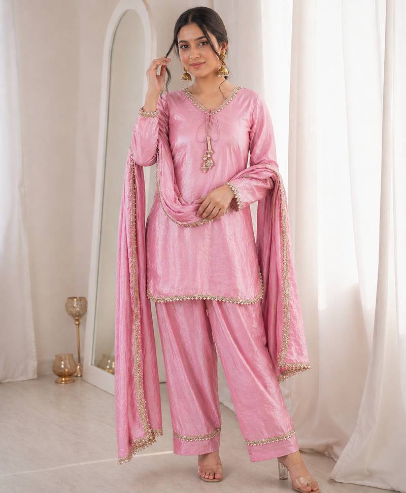 Women pink silk sequin emroidery work kurta set