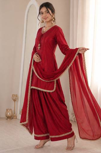 Women red silk blend sequin emroidery work kurta set