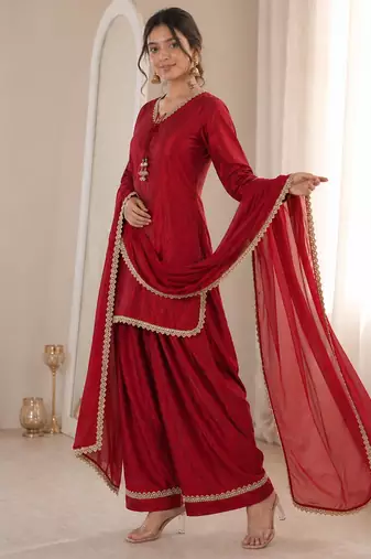 Women red silk sequin emroidery work kurta set