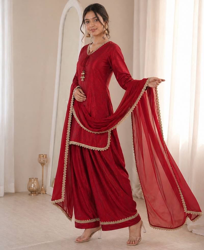 Women red silk sequin emroidery work kurta set