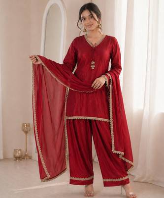 Women red silk blend sequin emroidery work kurta set 2