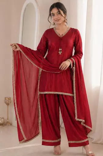 Women red silk sequin emroidery work kurta set