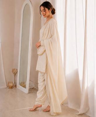 Women white silk blend sequin emroidery work kurta set 1