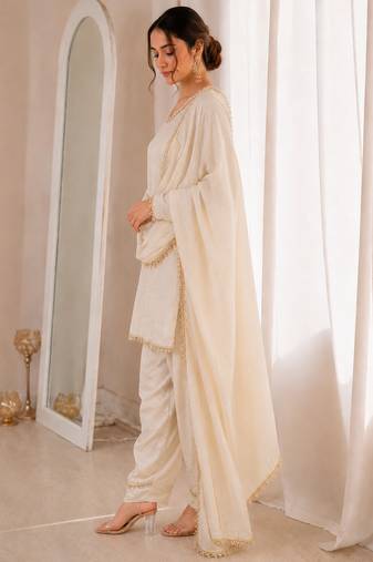 Women white silk sequin emroidery work kurta set