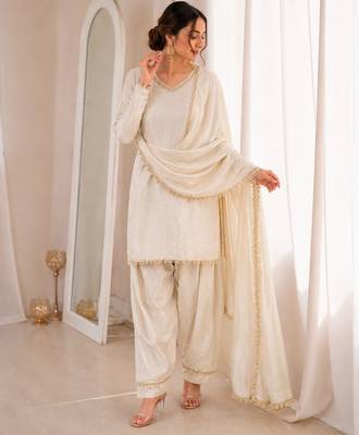 Women white silk blend sequin emroidery work kurta set 2