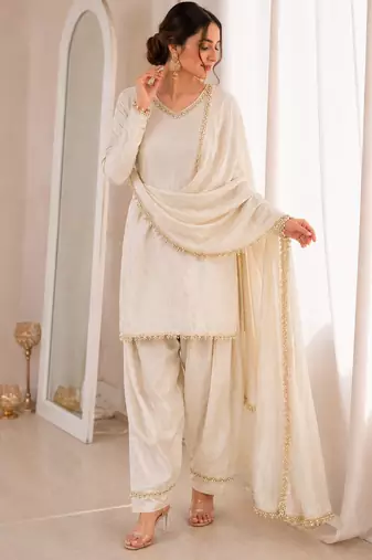 Women white silk sequin emroidery work kurta set