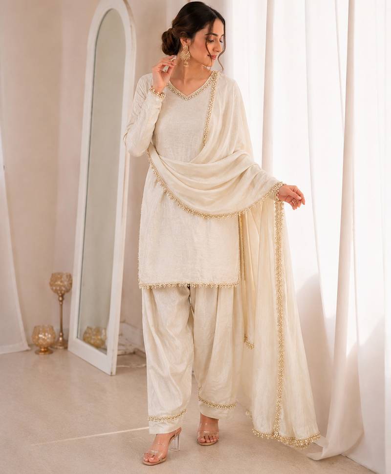 Women white silk sequin emroidery work kurta set
