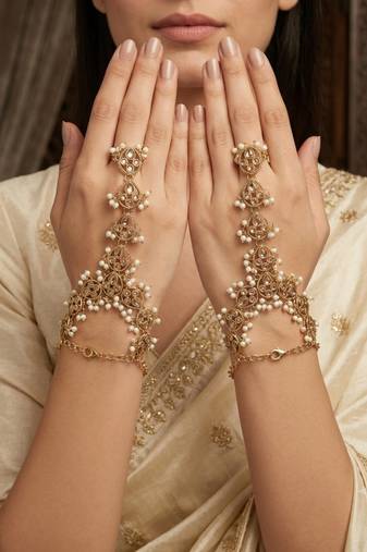L c t ston ad stone & agate stone haath-phool-hath-panja antique gold plated