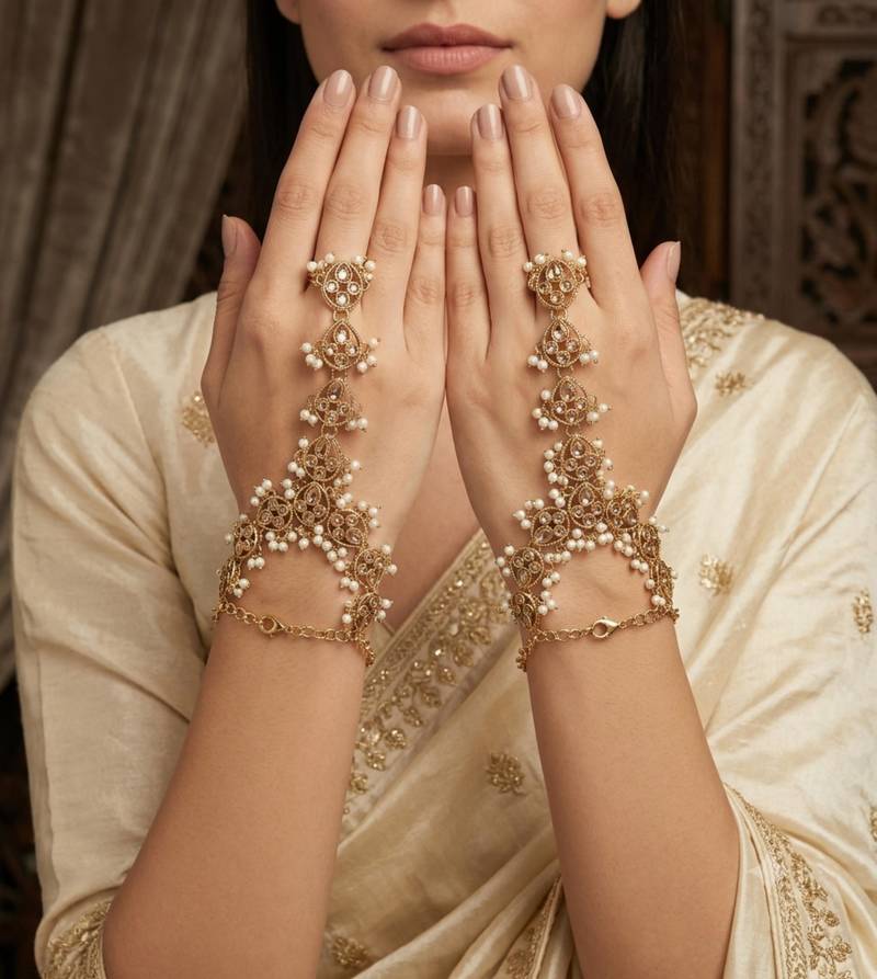 L c t ston ad stone & agate stone haath-phool-hath-panja antique gold plated